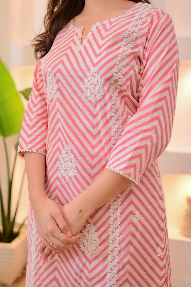 Pink Embroidered Cotton Straight Cut Suit Set