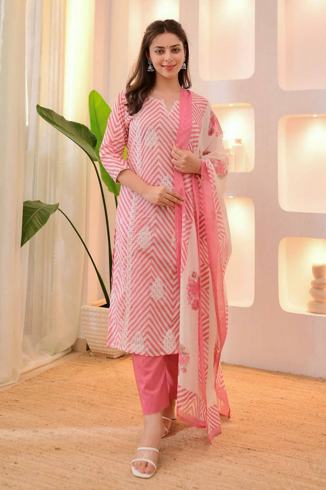 Pink Embroidered Cotton Straight Cut Suit Set