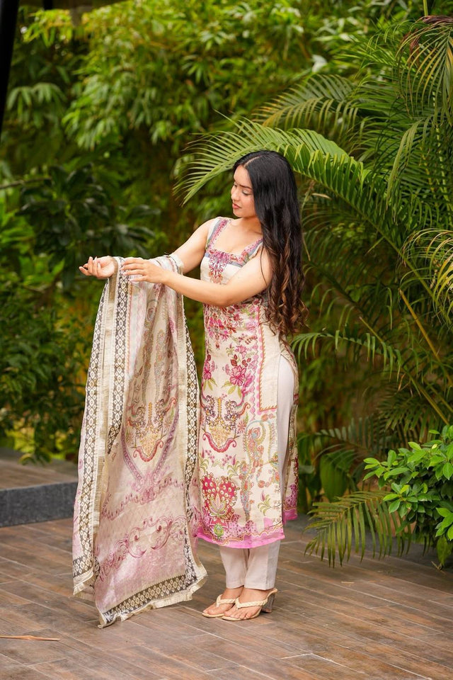 Cream Floral Printed Crepe Straight Cut Suit Set