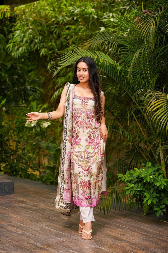 Cream Floral Printed Crepe Straight Cut Suit Set