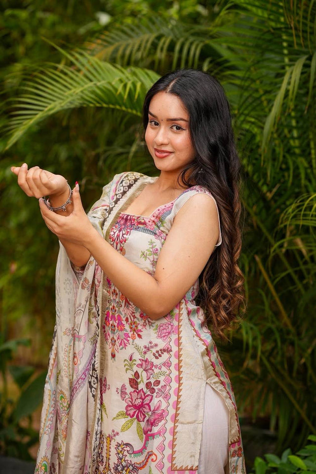 Cream Floral Printed Crepe Straight Cut Suit Set