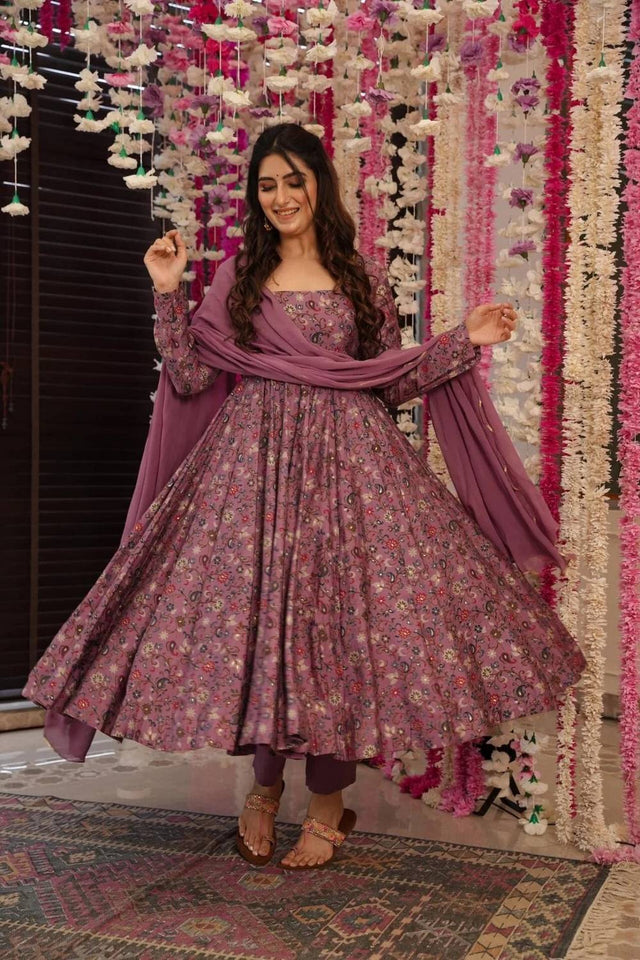 Maroon Floral Printed Rayon Anarkali Suit Set