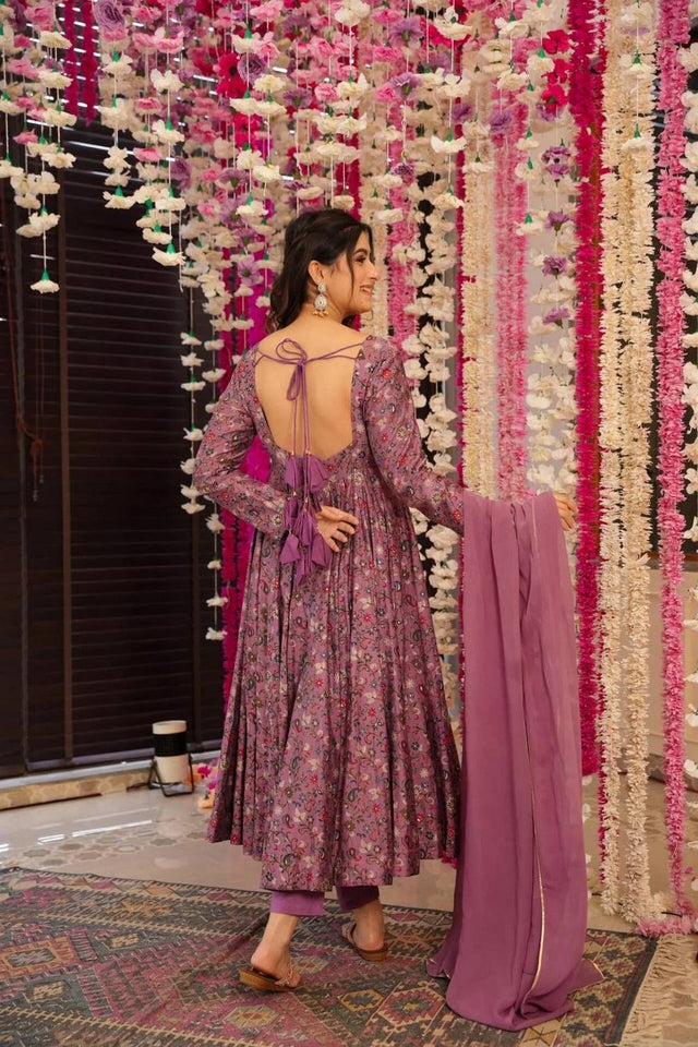 Maroon Floral Printed Rayon Anarkali Suit Set