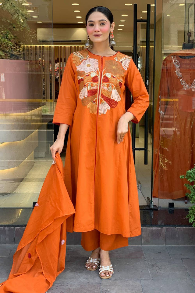 Orange Floral Embroidered Chanderi Kurti Pant Set
