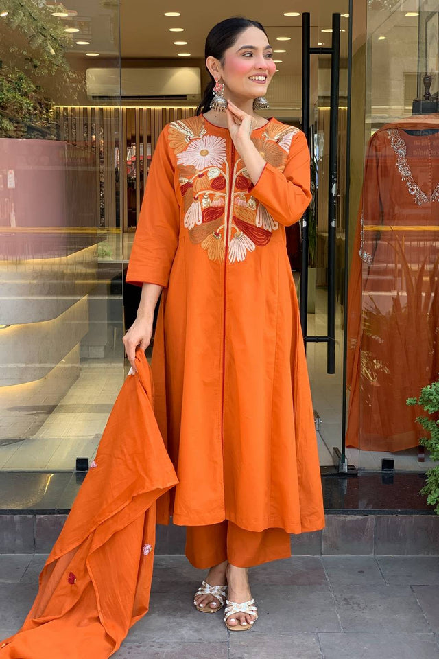 Orange Floral Embroidered Chanderi Kurti Pant Set