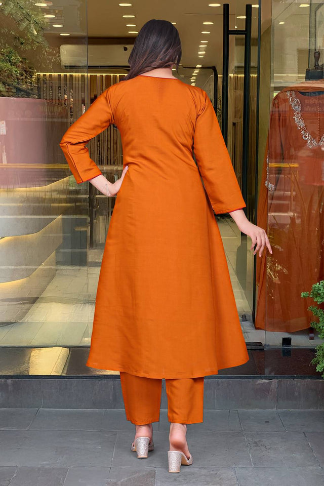 Orange Floral Embroidered Chanderi Kurti Pant Set