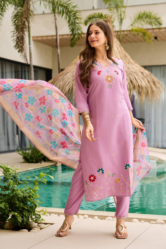 Pink Floral Embroidered Viscose Straight Cut Suit Set