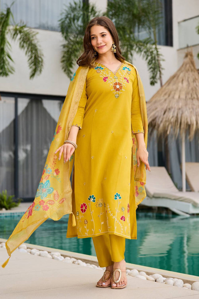 Yellow Floral Embroidered Viscose Straight Cut Suit Set