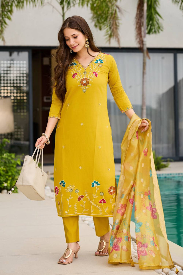 Yellow Floral Embroidered Viscose Straight Cut Suit Set