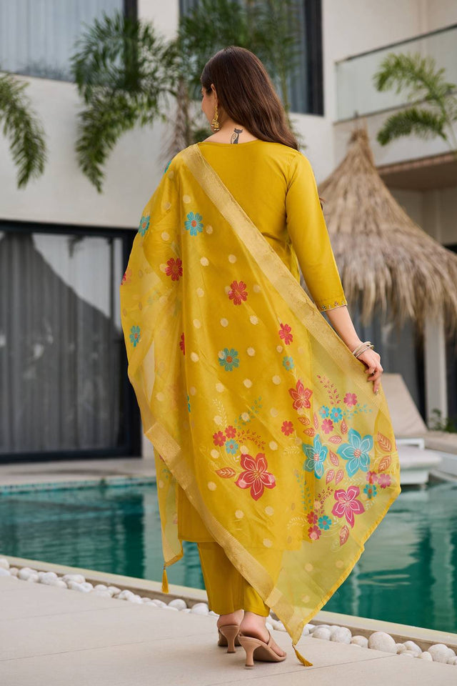 Yellow Floral Embroidered Viscose Straight Cut Suit Set