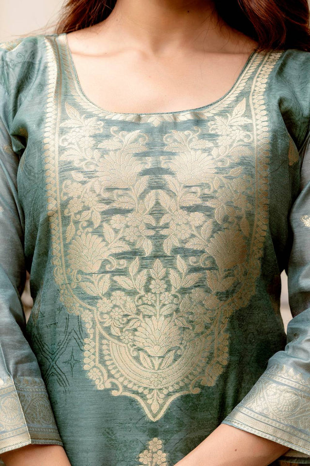 Green Floral Printed Cotton Straight Cut Suit Set