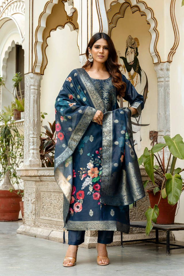 Turquoise Floral Printed Cotton Straight Cut Suit Set