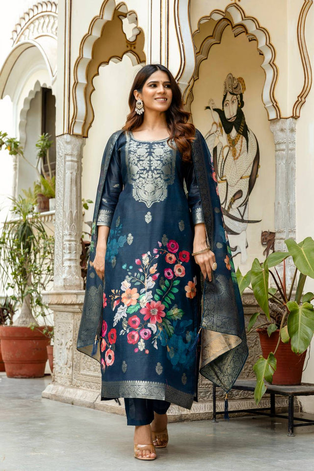 Turquoise Floral Printed Cotton Straight Cut Suit Set