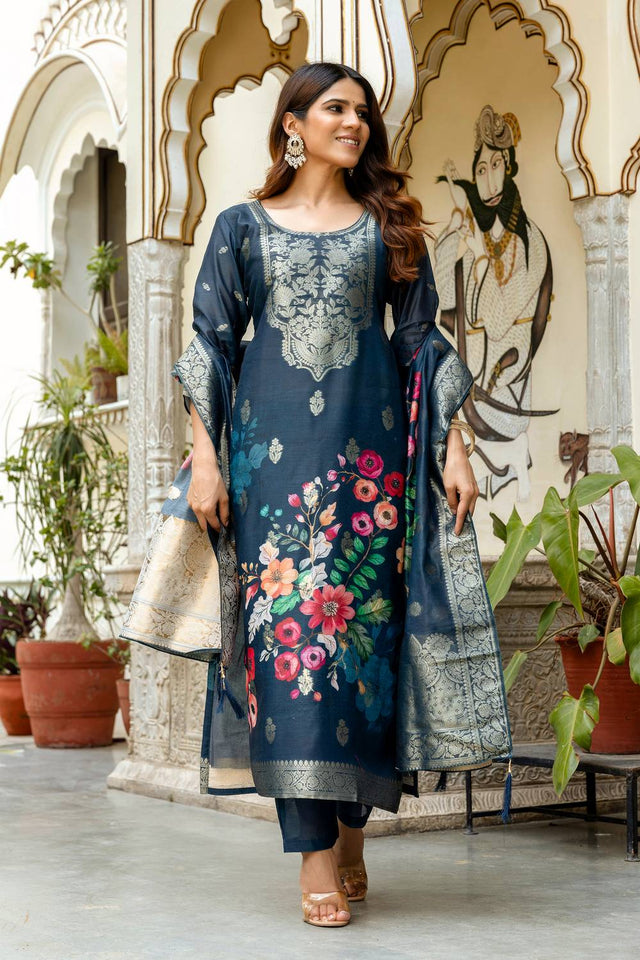 Turquoise Floral Printed Cotton Straight Cut Suit Set