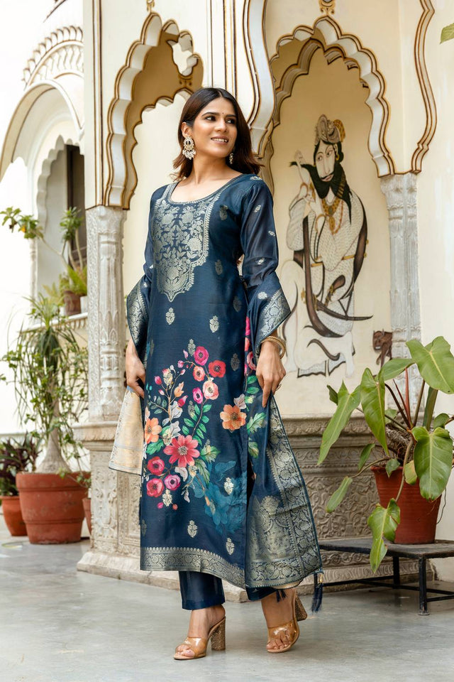 Turquoise Floral Printed Cotton Straight Cut Suit Set
