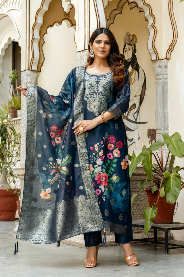 Turquoise Floral Printed Cotton Straight Cut Suit Set