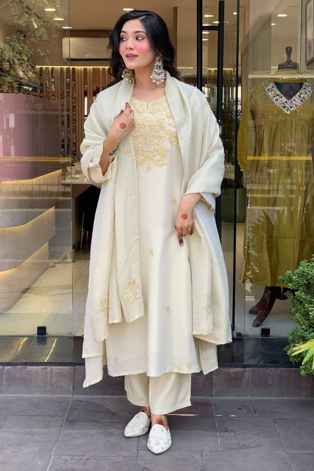 White Floral Embroidered Chanderi Straight Cut Suit Set