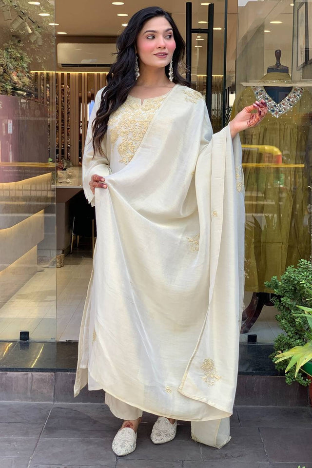 White Floral Embroidered Chanderi Straight Cut Suit Set
