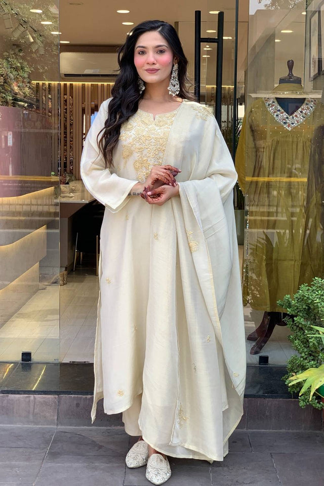 White Floral Embroidered Chanderi Straight Cut Suit Set