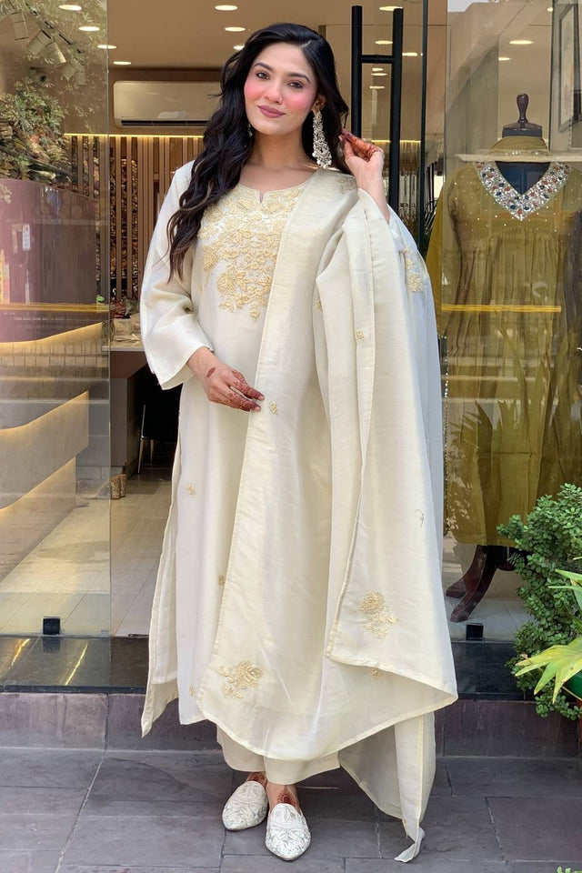 White Floral Embroidered Chanderi Straight Cut Suit Set