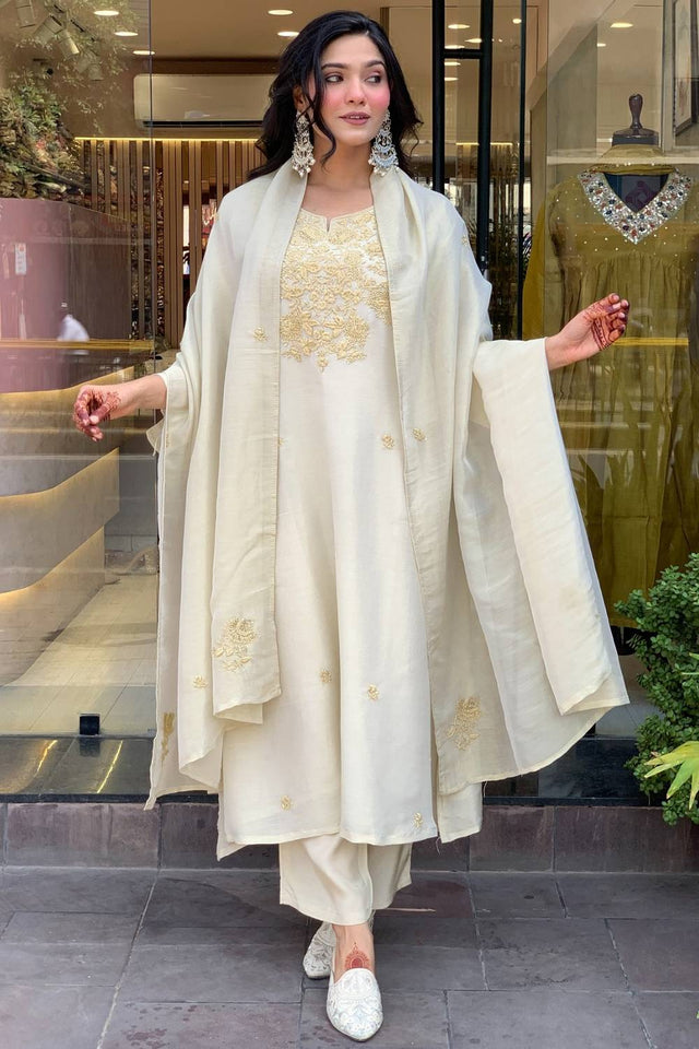 White Floral Embroidered Chanderi Straight Cut Suit Set