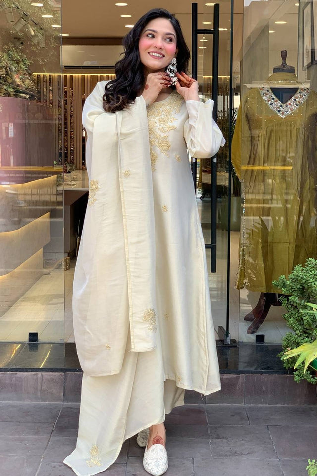 White Floral Embroidered Chanderi Straight Cut Suit Set