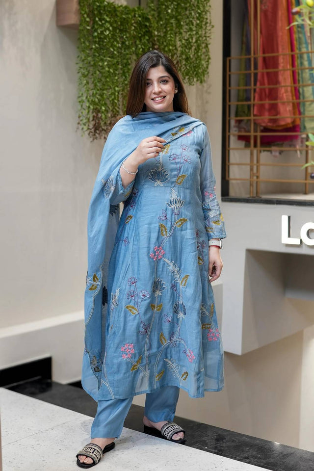 Blue Floral Embroidered Chanderi Anarkali Suit Set