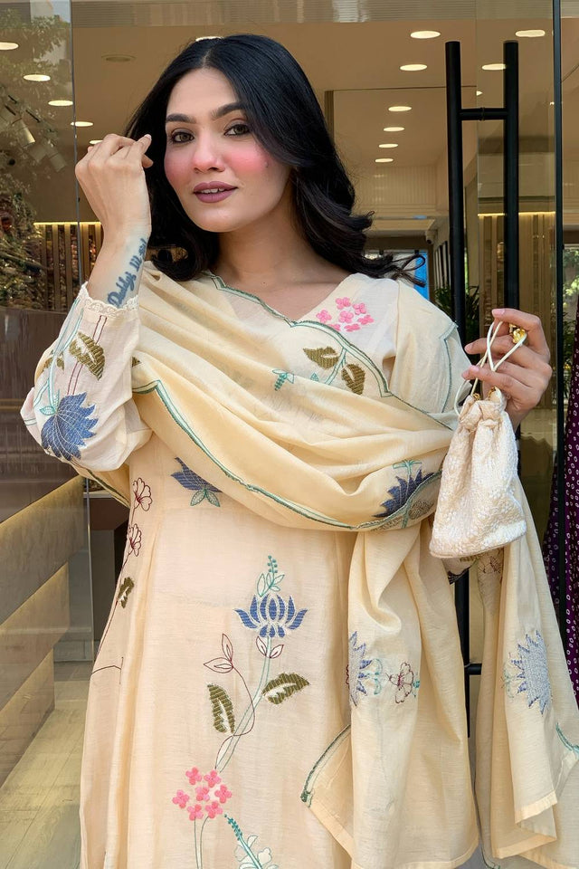 Cream Floral Embroidered Chanderi Anarkali Suit Set