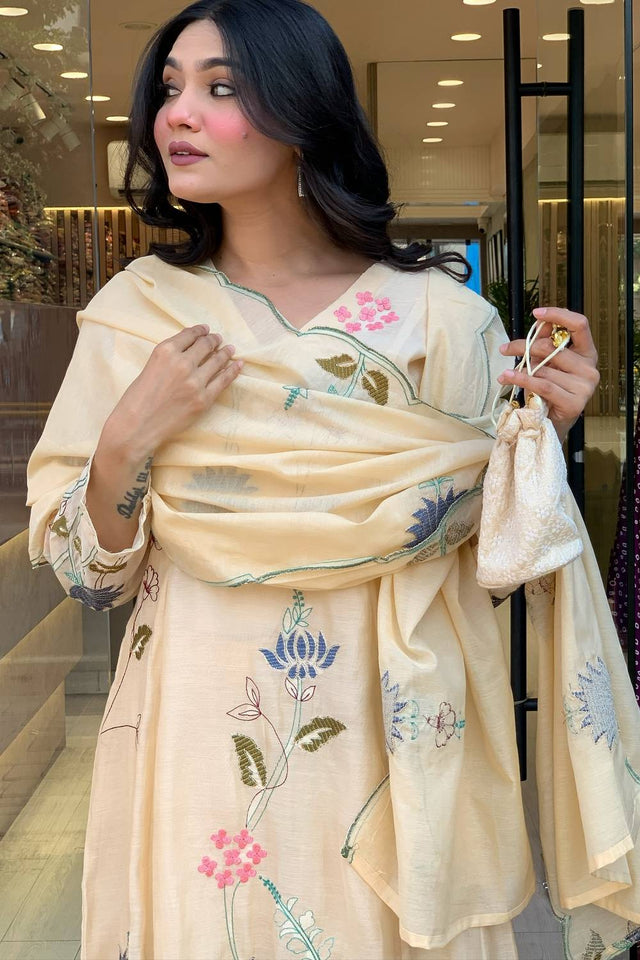 Cream Floral Embroidered Chanderi Anarkali Suit Set