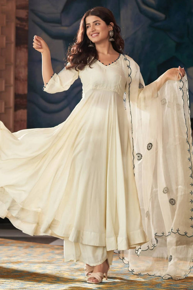 White Embroidered Silk Anarkali Suit Set