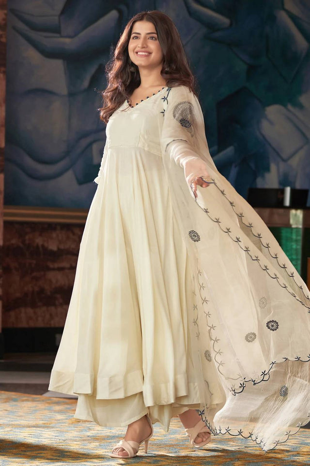 White Embroidered Silk Anarkali Suit Set