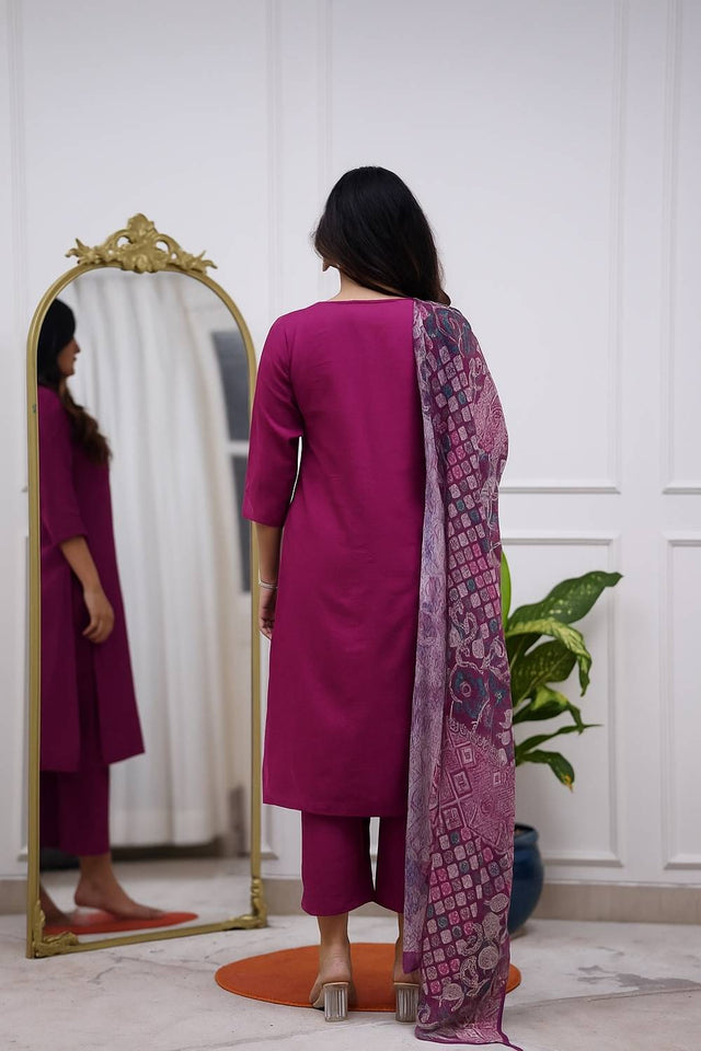 Pink Embroidered Rayon Kurti Pant Set