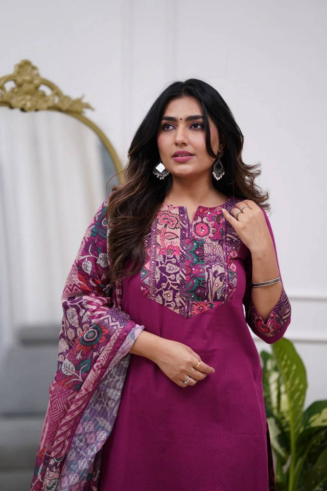 Pink Embroidered Rayon Kurti Pant Set