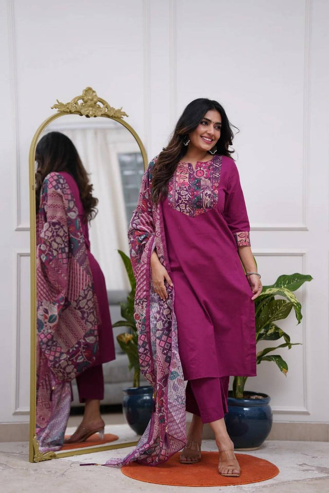 Pink Embroidered Rayon Kurti Pant Set