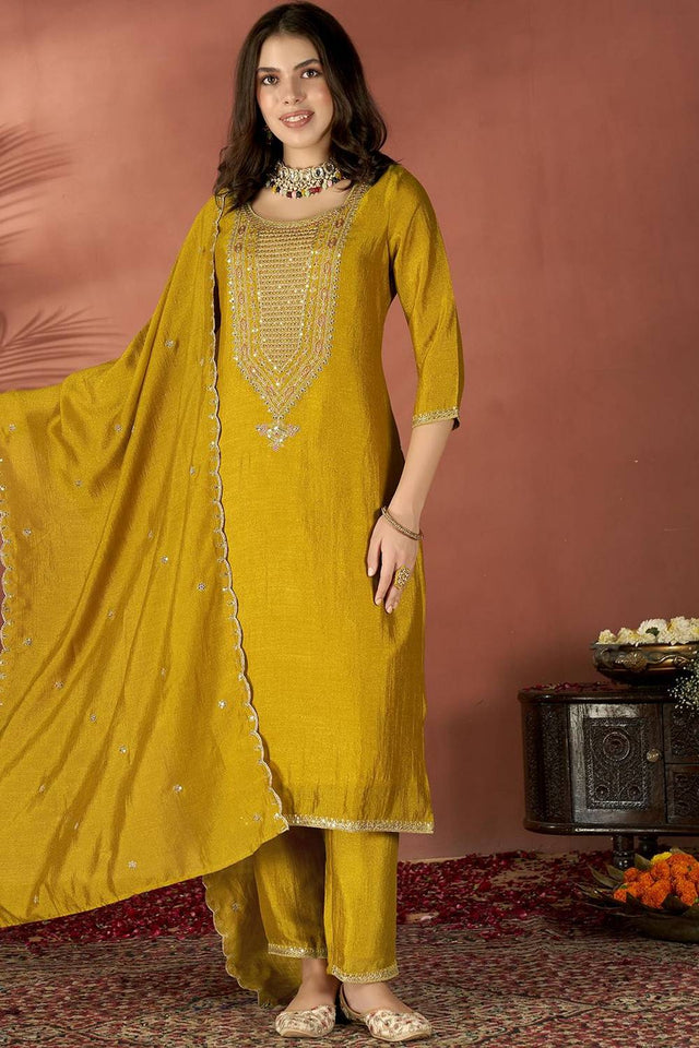 Mustard Sequin with Embroidered Silk Kurti Pant Set