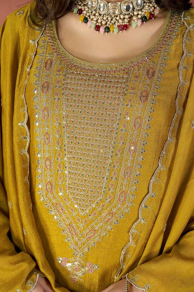 Mustard Sequin with Embroidered Silk Kurti Pant Set