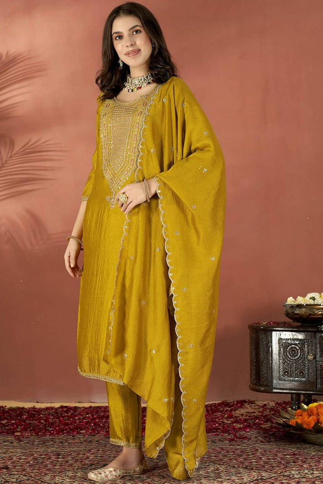 Mustard Sequin with Embroidered Silk Kurti Pant Set