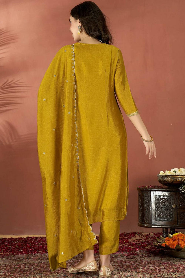 Mustard Sequin with Embroidered Silk Kurti Pant Set