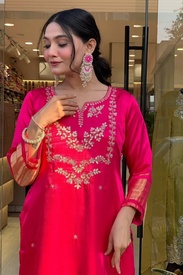 Pink Floral Embroidered Viscose Kurti Pant Set