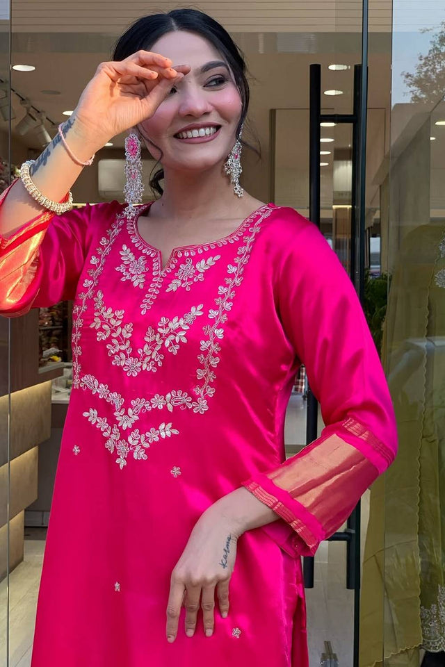 Pink Floral Embroidered Viscose Kurti Pant Set