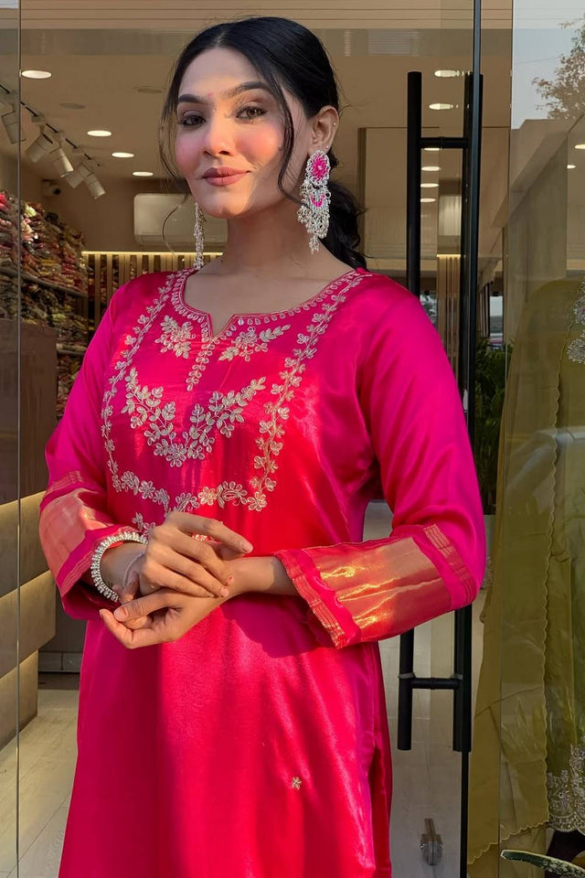 Pink Floral Embroidered Viscose Kurti Pant Set