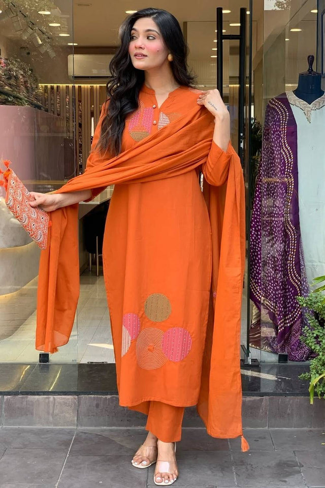 Orange Embroidered Rayon Straight Cut Suit Set