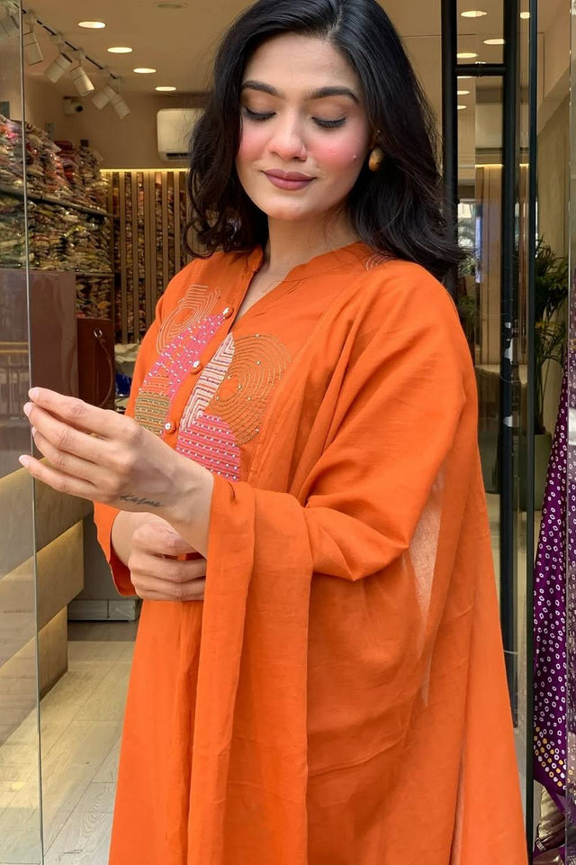 Orange Embroidered Rayon Straight Cut Suit Set