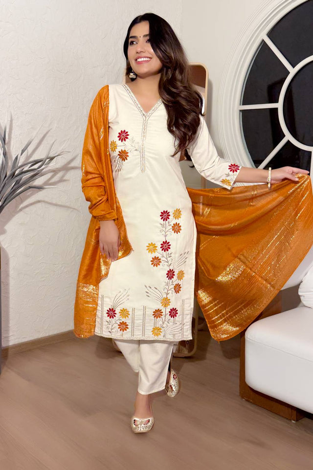 White Floral Embroidered Cotton Kurti Pant Set