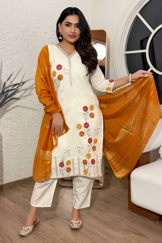 White Floral Embroidered Cotton Kurti Pant Set