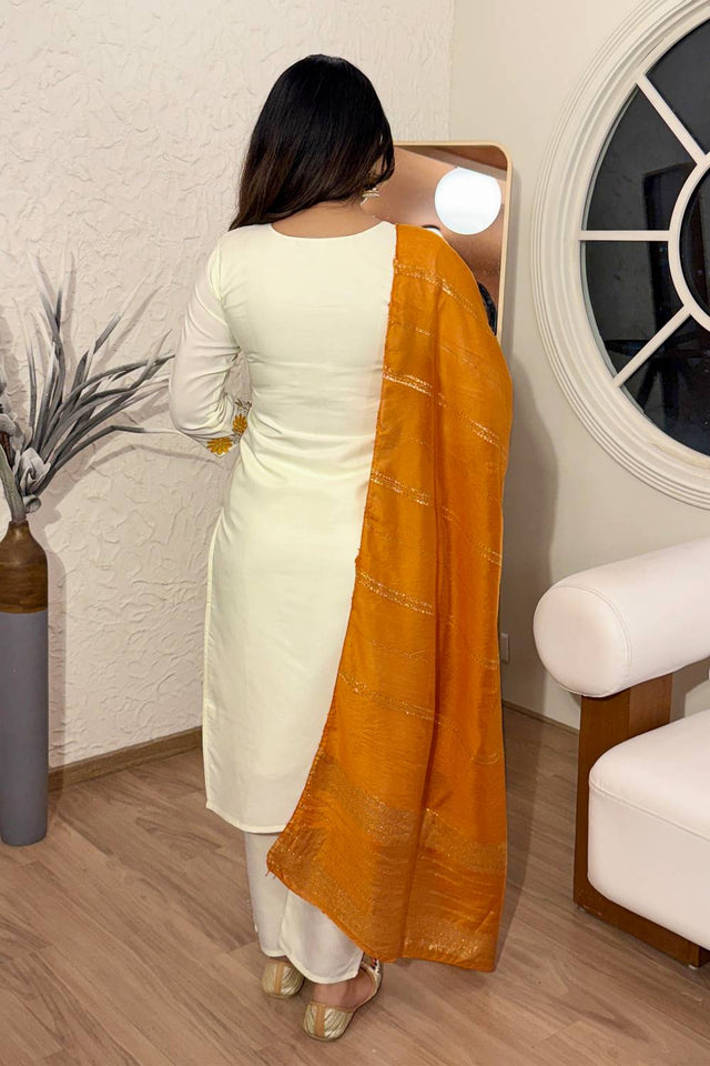 White Floral Embroidered Cotton Kurti Pant Set