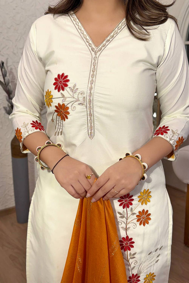 White Floral Embroidered Cotton Kurti Pant Set