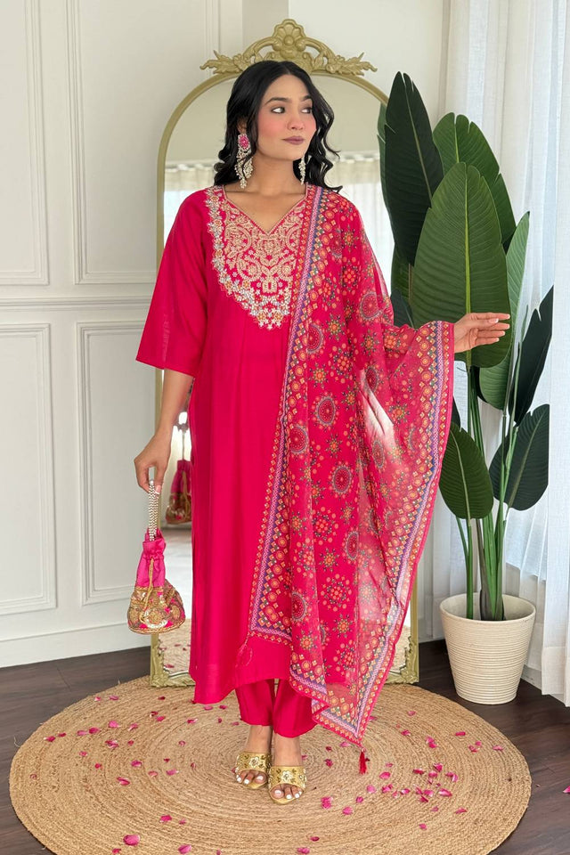 Pink Embroidered Viscose Kurti Pant Set