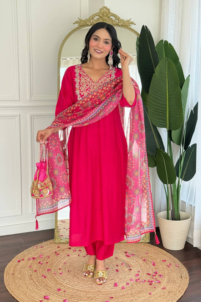 Pink Embroidered Viscose Kurti Pant Set