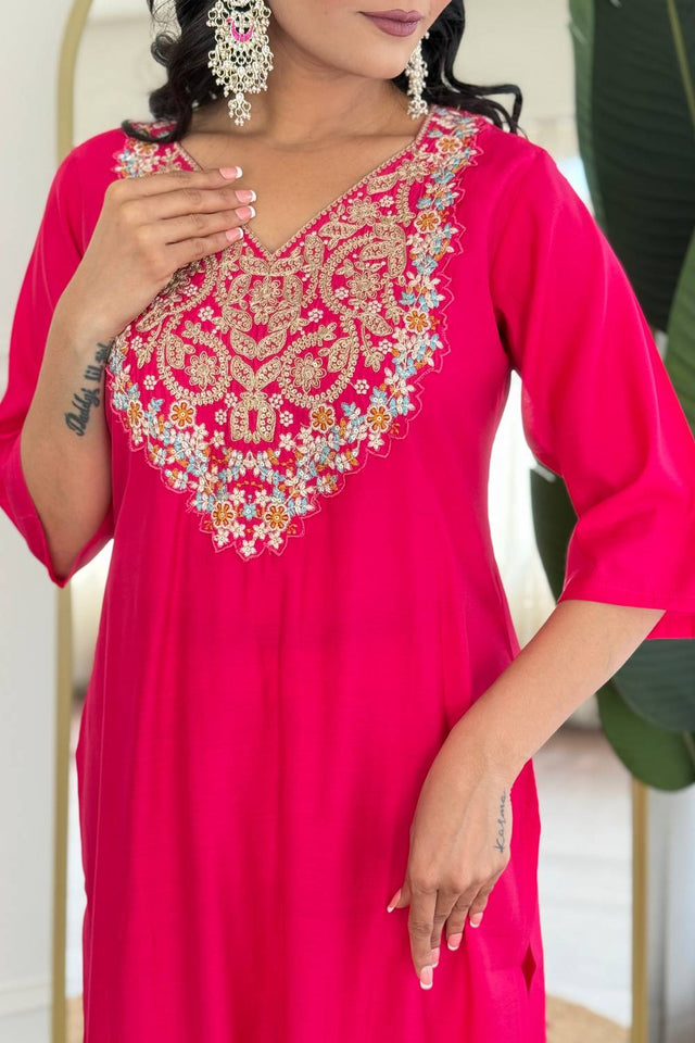Pink Embroidered Viscose Kurti Pant Set